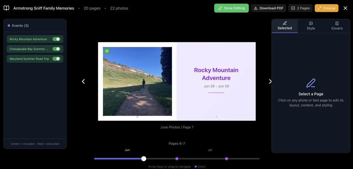 Photo book editor with custom layouts for printed yearbook