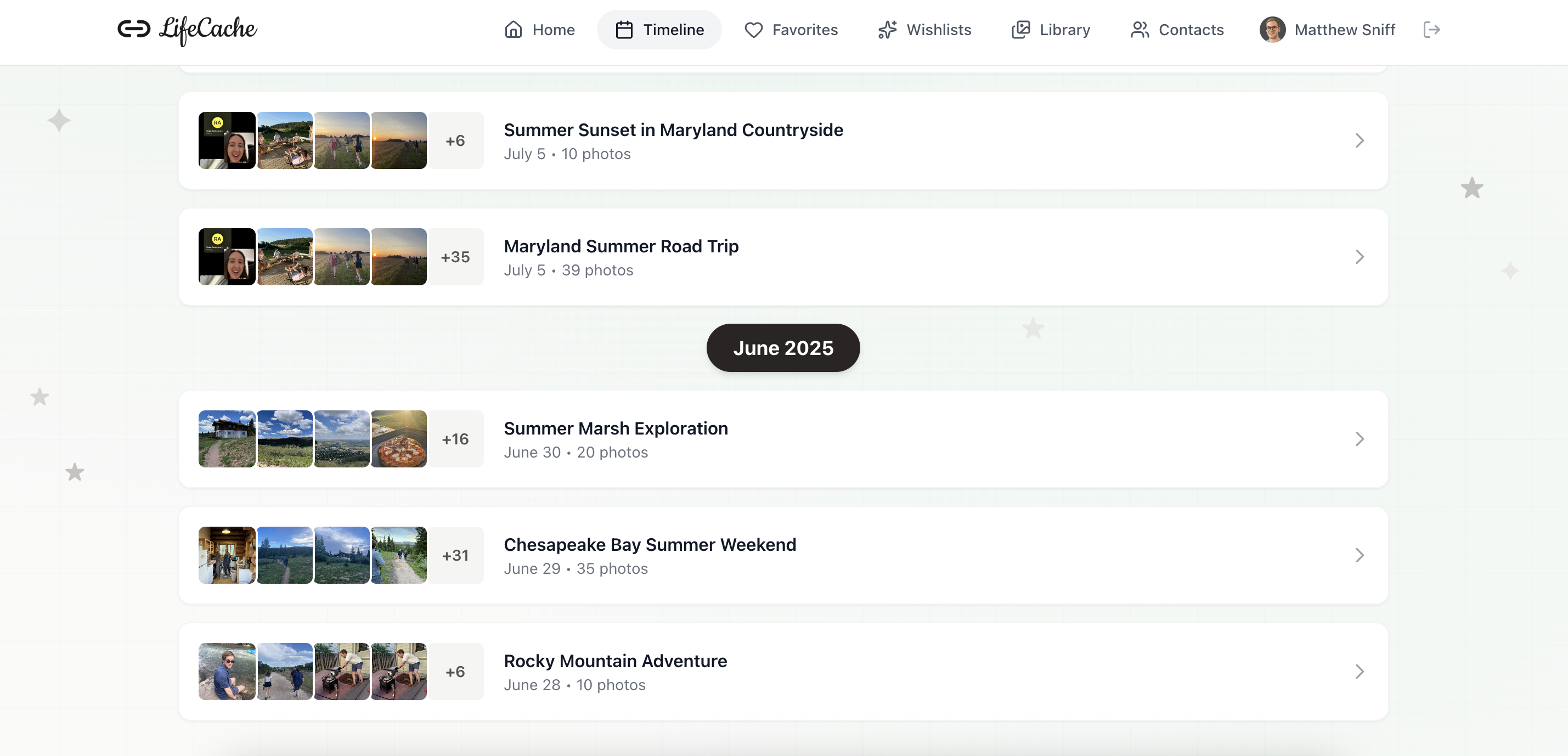 LifeCache event timeline showing travel events organized chronologically