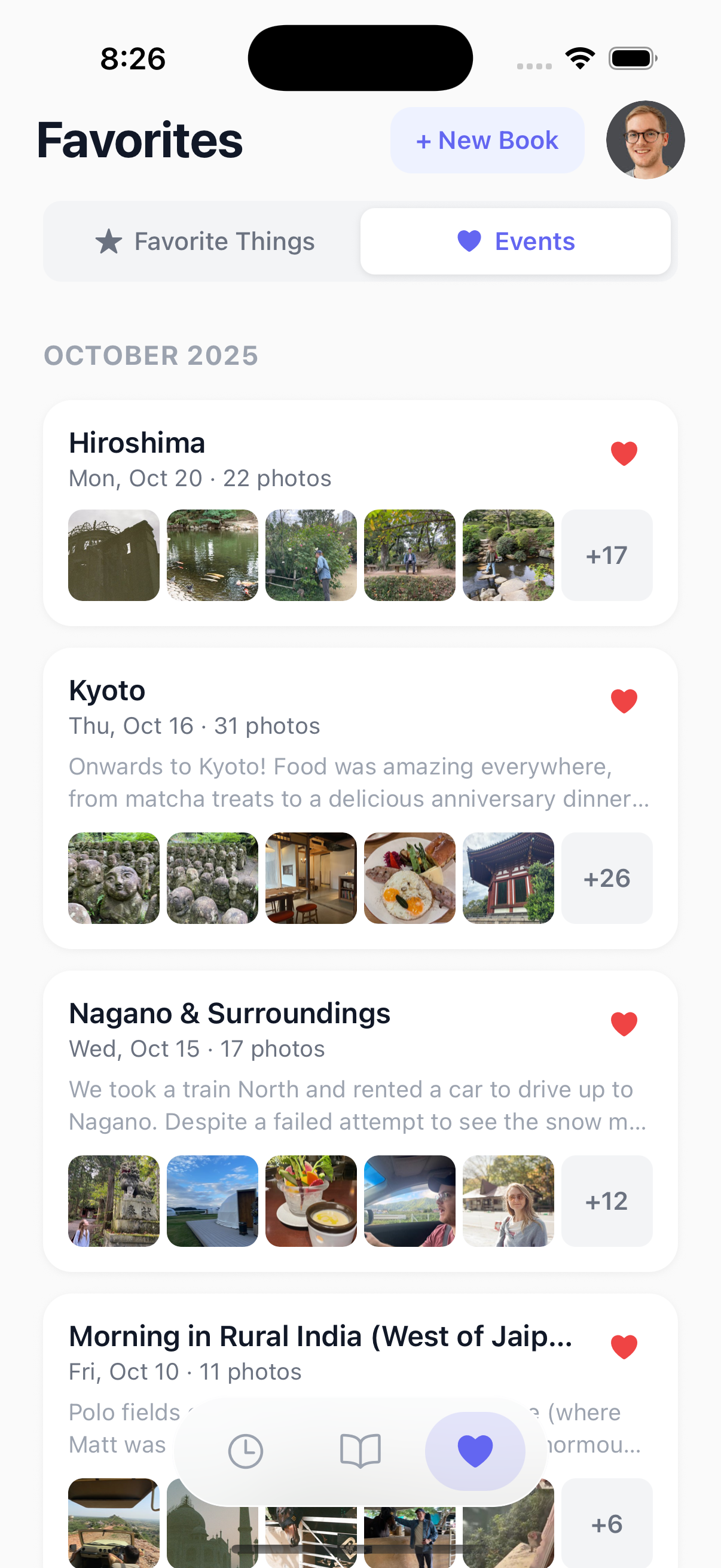LifeCache favorites tab showing saved travel events across trips