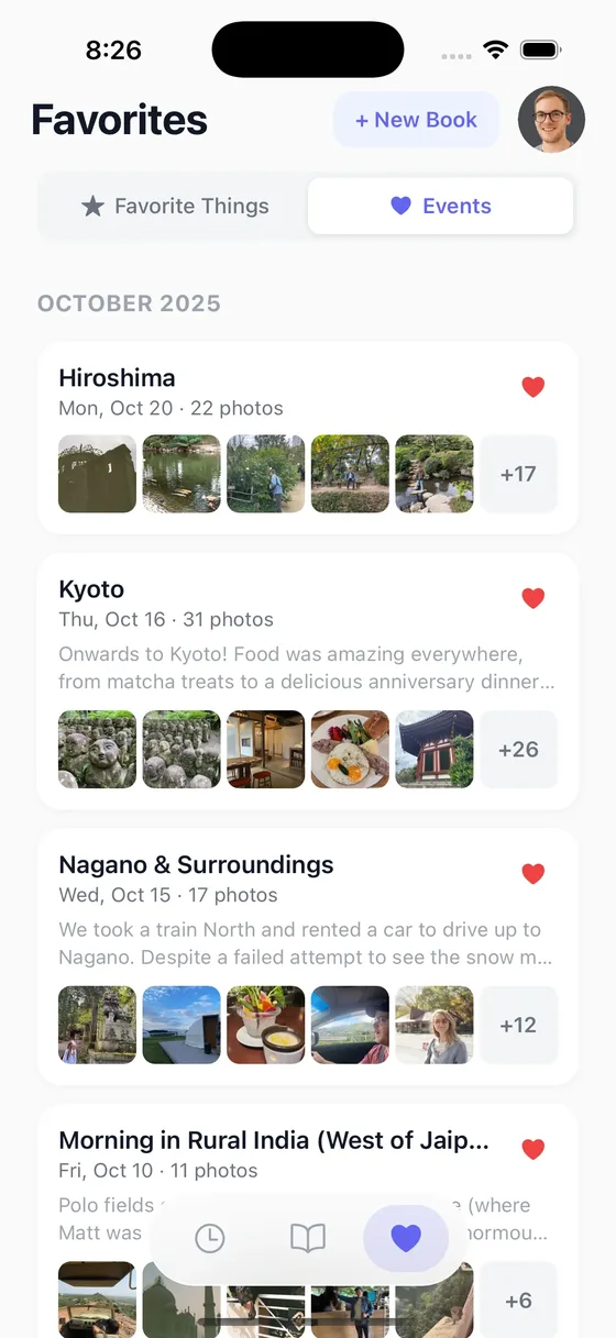 LifeCache favorites tab showing curated best moments across months