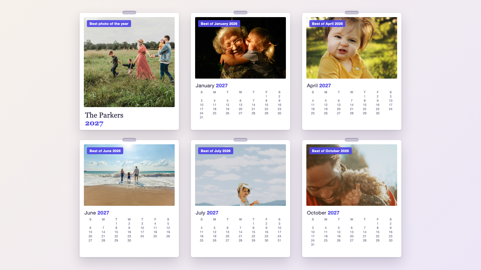 Pages of a 2027 family photo calendar: the cover with the best photo of the year, and month pages each showing the best photo from that month the year before