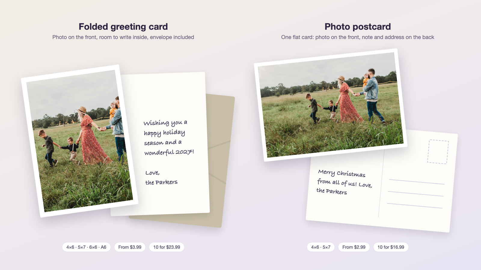 Folded holiday greeting card next to a flat photo postcard, both printed with the same family photo