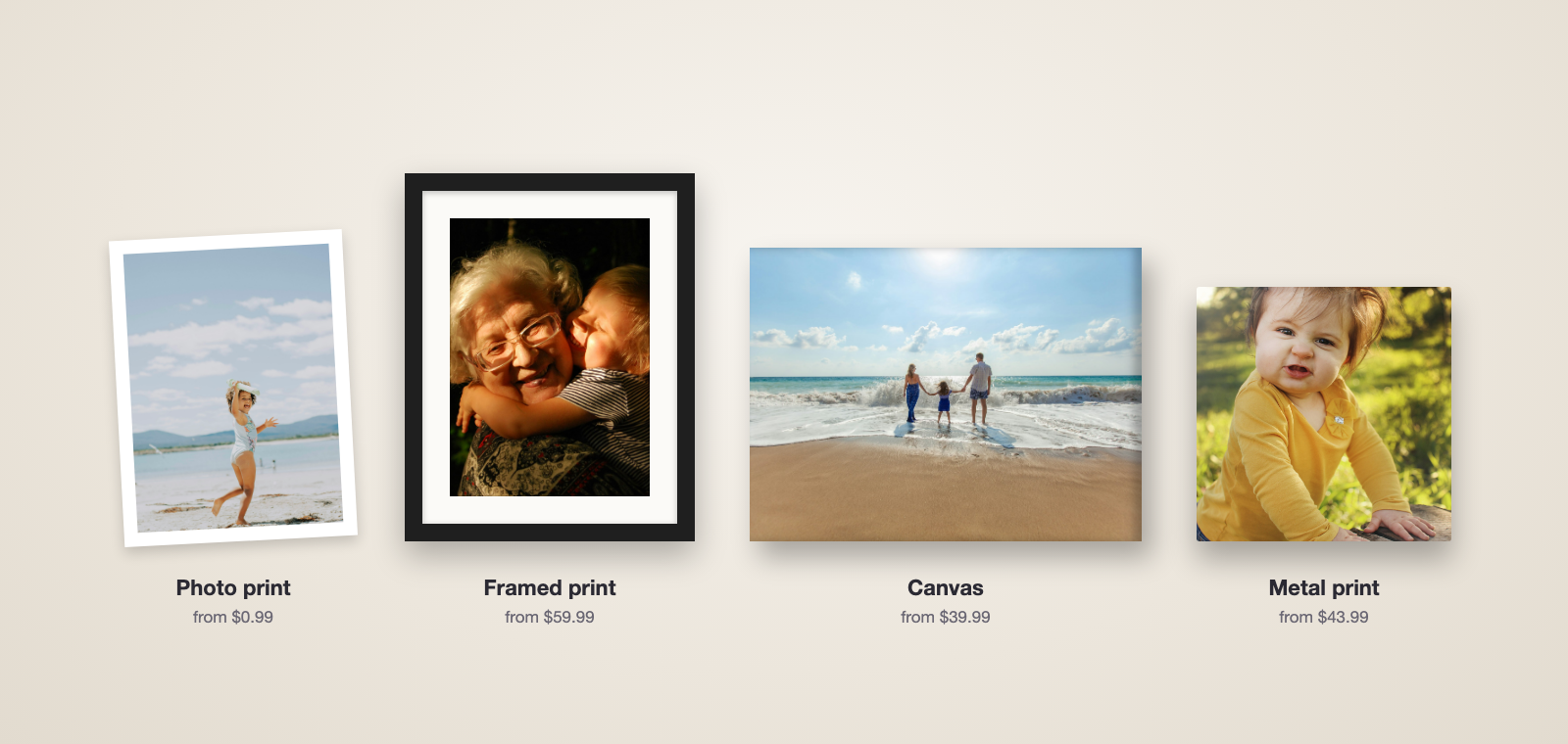 LifeCache Print Shop products: a photo print, a framed print, a canvas and a metal print, each showing a family photo