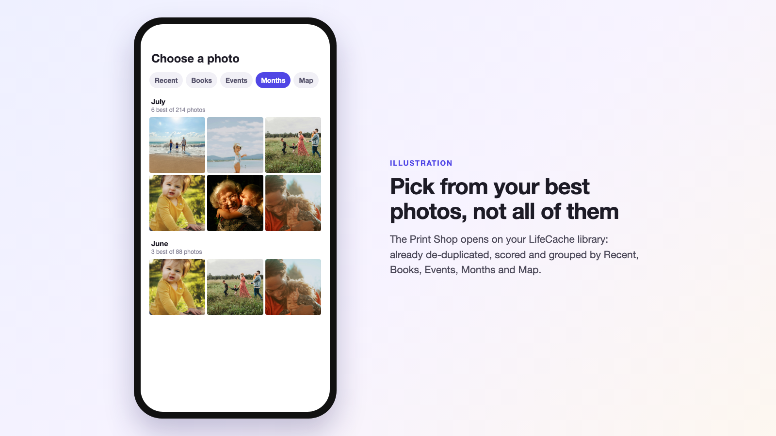 Browsing a photo library by Recent, Books, Events, Months and Map to choose photos to print