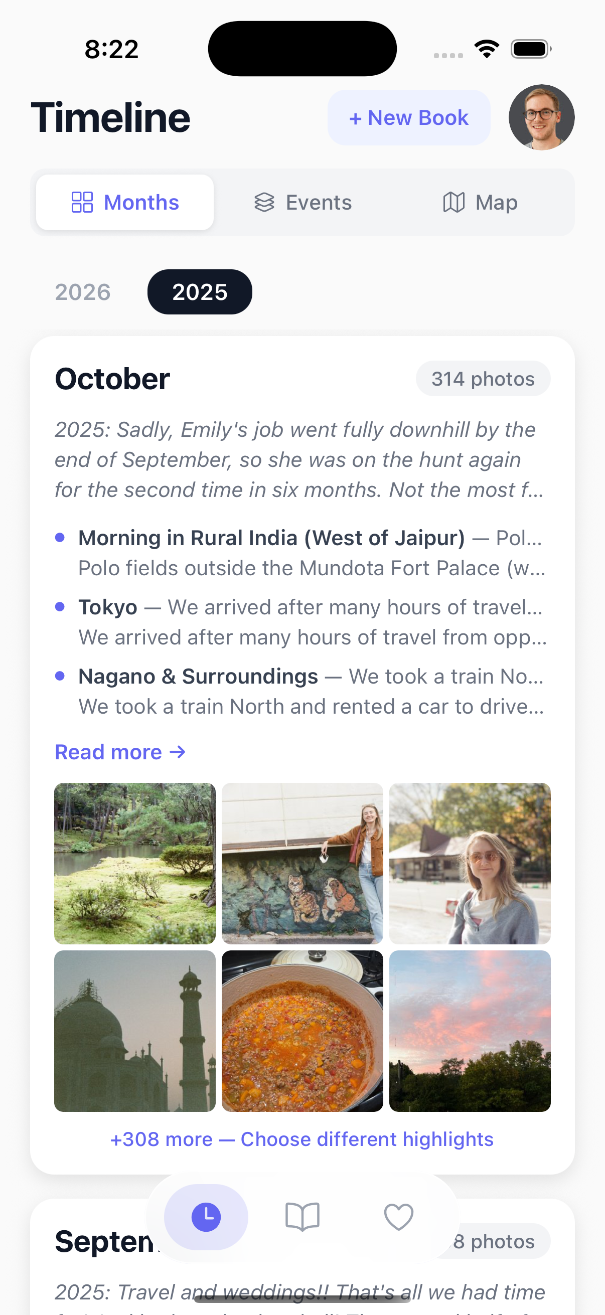 LifeCache monthly photo timeline with AI-organized events