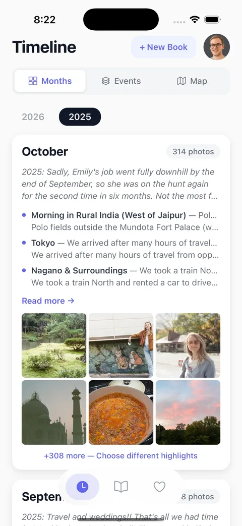 LifeCache months tab showing baby's first year tracked month by month