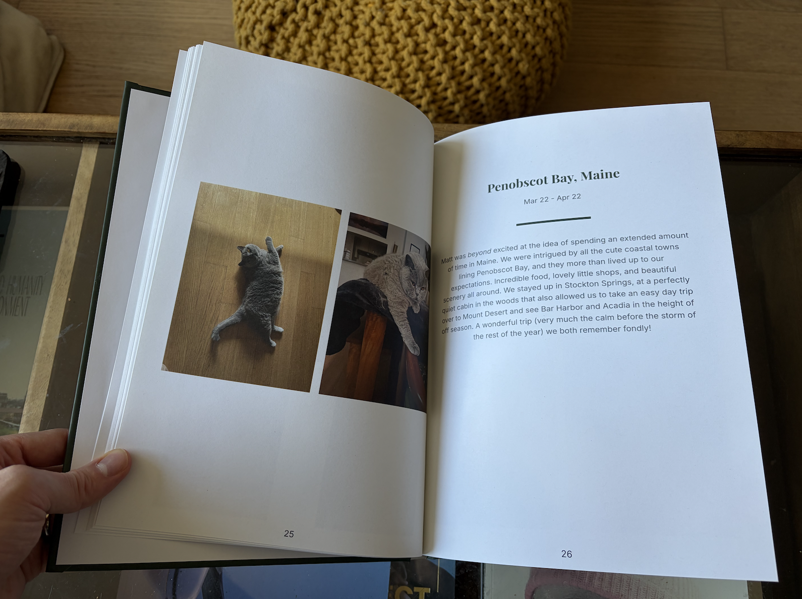 LifeCache printed hardcover yearbook showing event page with photos and AI-generated narrative