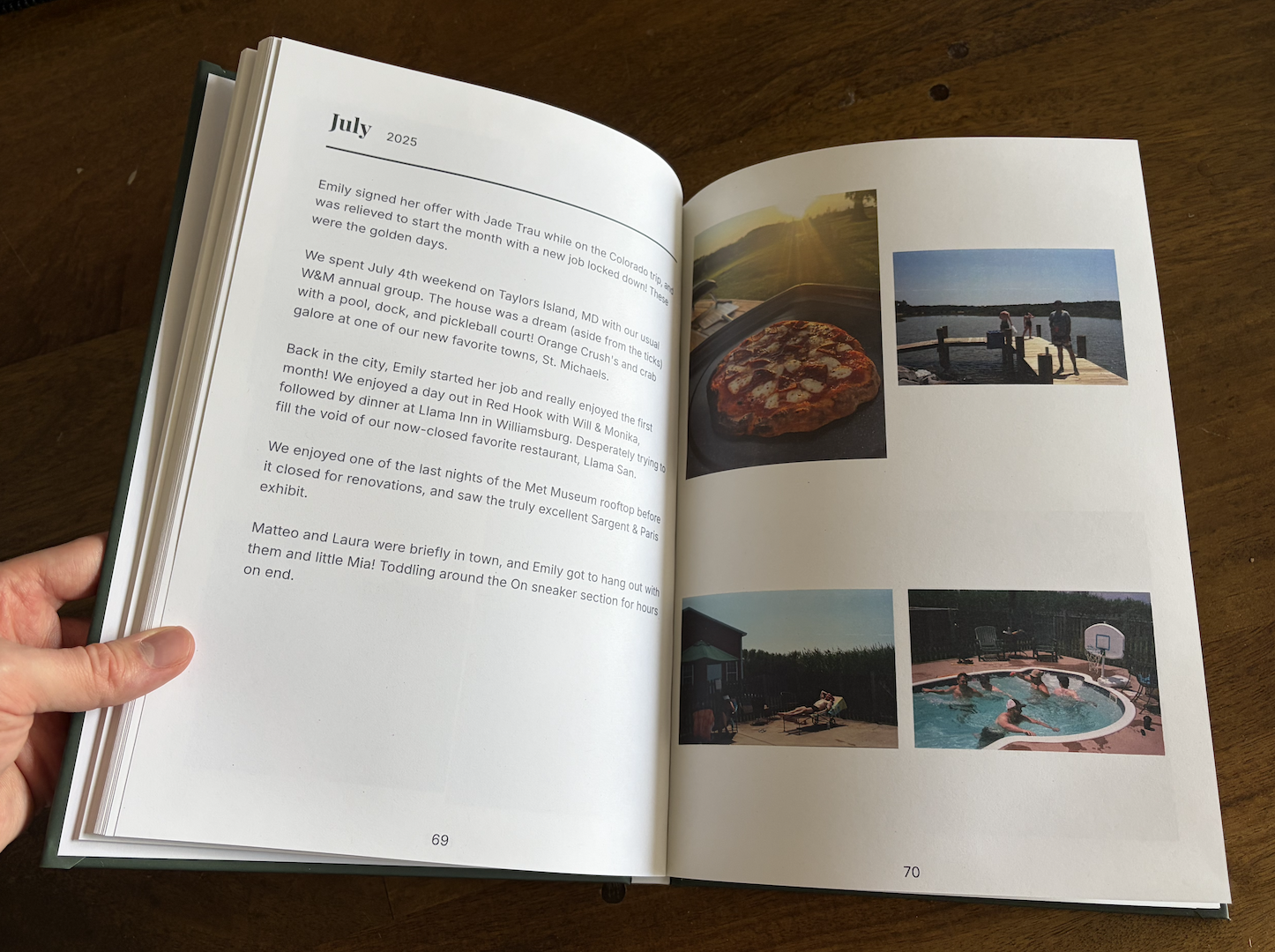 LifeCache printed yearbook open to a month page — photos with narrative text
